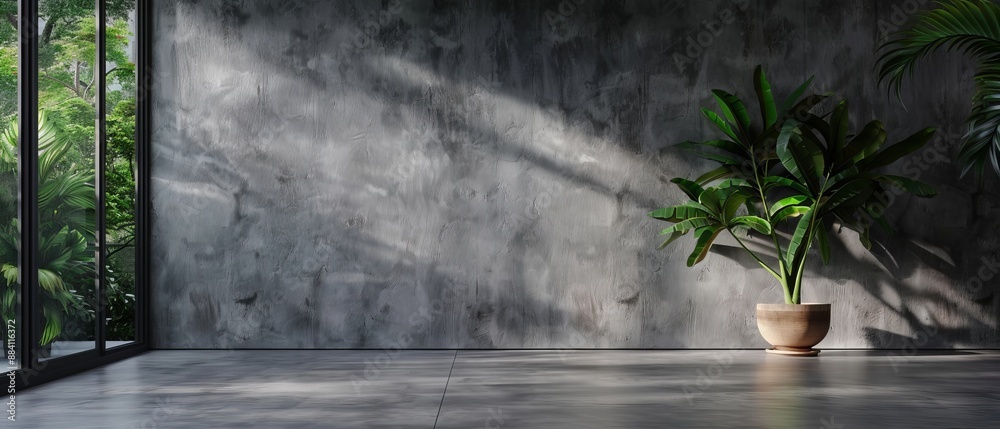 A potted plant sits atop a cement floor, near a window offering a forest view A potted plant sits atop a cement floor, near a window offering a forest view