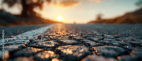  A tight shot of a street as the sun sets, backdrop aglow Droplets dot the road and foreground