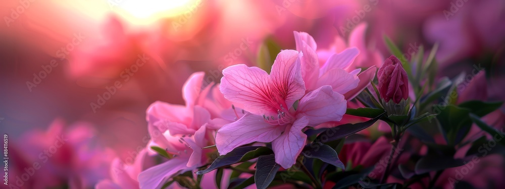 A tight shot of a pink blossom against green foliage, backed by a softly blurred sun A tight shot of a pink blossom against green foliage, backed by a softly blurred sun