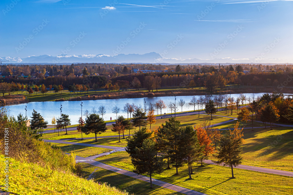 Autumn cityscape - view of the Riemer Park with Riemer lake in the Munich district of Messestadt Riem, Bavaria, Germany