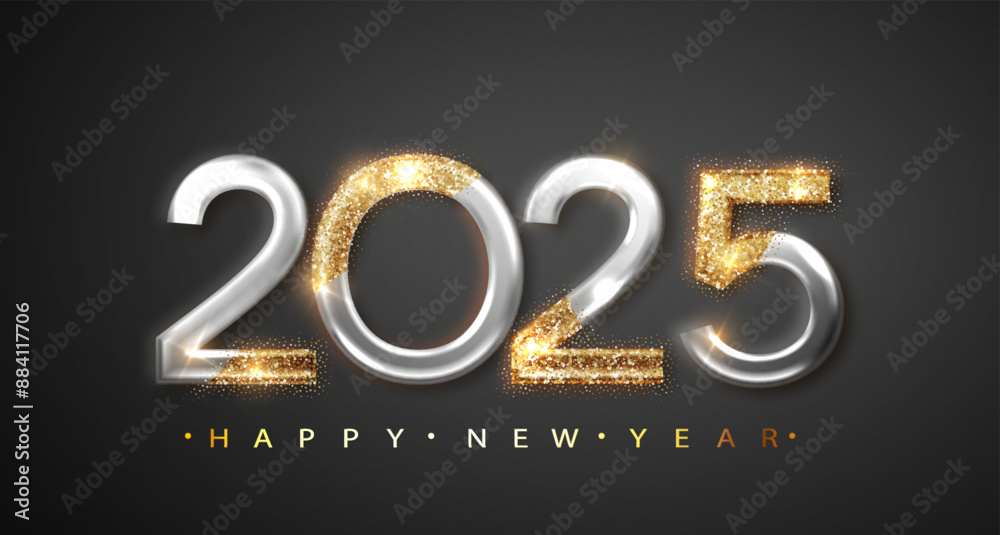 2025 New Year with golden golden ribbon. Festive Christmas banner with falling confetti on bright background. Realistic 2025 Golden 3d number 2025 New Year with golden golden ribbon. Festive Christmas banner with falling confetti on bright background. Realistic 2025 Golden 3d number