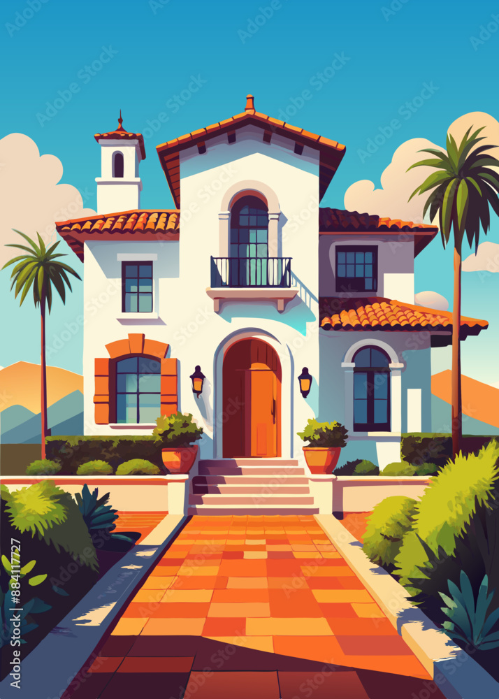 Fototapeta premium front view of baeautiful white and black Spanish style home with dark brown accents, paver driveway, cinematic, Nikon D850 camera