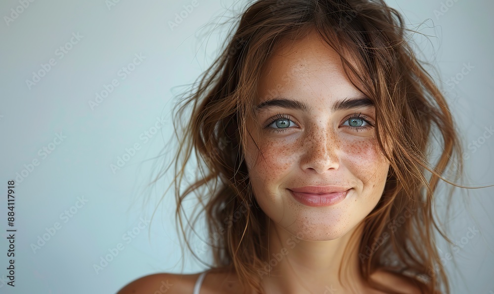 A pretty woman smiles against a white background in this portrait. A pretty woman smiles against a white background in this portrait.