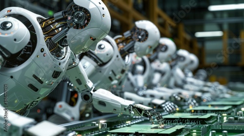 Capture a scene of robots on an electronics production line, soldering circuit boards and assembling electronic devices with meticulous accuracy.