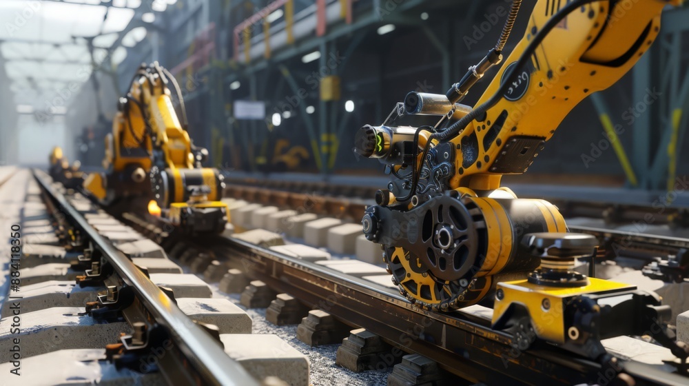 Capture a scene where robots are laying railway tracks with high precision. Emphasize the advancements in robotics Capture a scene where robots are laying railway tracks with high precision. Emphasize the advancements in robotics