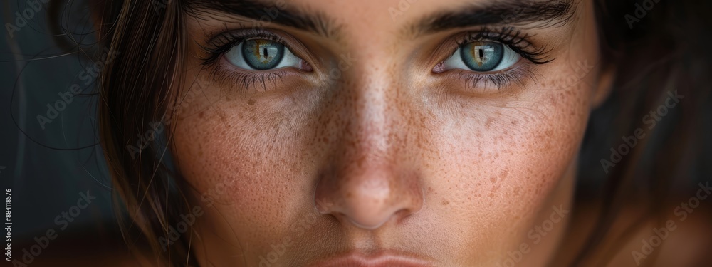 A close-up of a woman's face with freckled skin and hazel eyes featuring small freckles A close-up of a woman's face with freckled skin and hazel eyes featuring small freckles