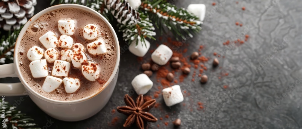 A cup of hot chocolate with marshmallows and anisette on a dark table, adorned with Christmas decorations A cup of hot chocolate with marshmallows and anisette on a dark table, adorned with Christmas decorations