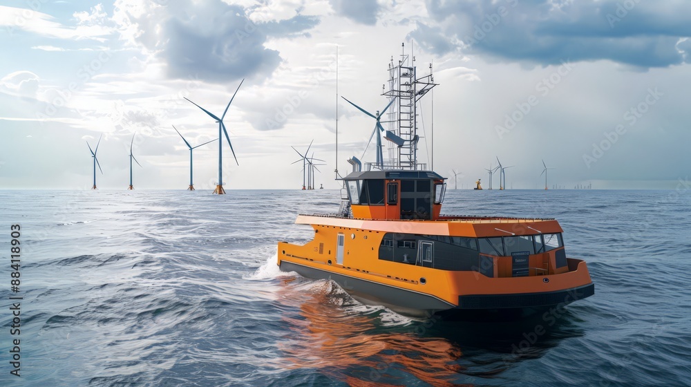 Capture an offshore wind farm service vessel with robotic maintenance arms and advanced weather monitoring systems, ensuring efficient wind turbine operations. Capture an offshore wind farm service vessel with robotic maintenance arms and advanced weather monitoring systems, ensuring efficient wind turbine operations.