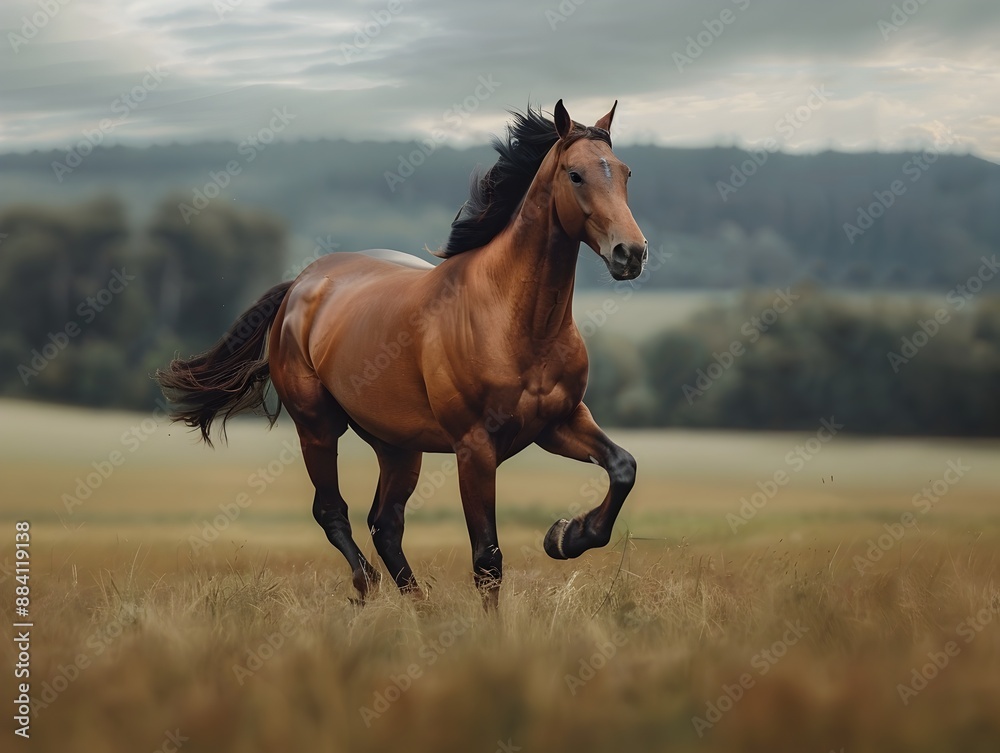 Obraz premium Majestic Horse Galloping Across Open Field Symbolizing Freedom and Power