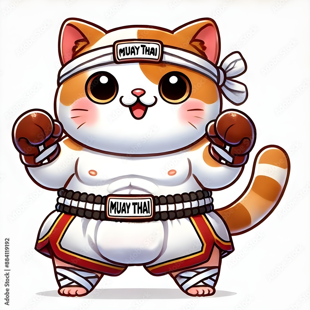 Naklejka premium Cute Cat Fighter In Muay Thai Gear.