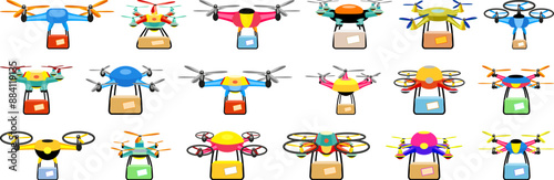 Drone delivery service icons set. Colorful set of delivery drones transporting packages, unmanned aerial vehicles for fast and efficient shipping