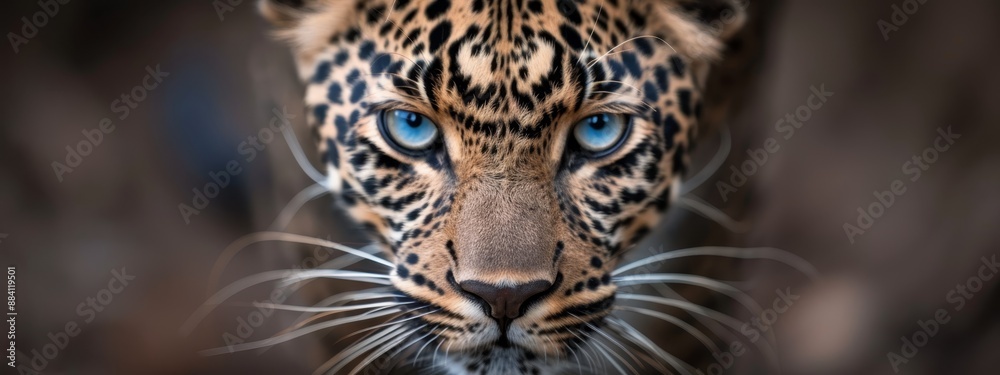 A tight shot of a leopard's face, its blue eyes in sharp focus, amidst a blurred background A tight shot of a leopard's face, its blue eyes in sharp focus, amidst a blurred background
