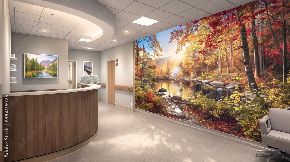 Medical facilities use biophilic 3D wallpaper to enhance patient well-being and reduce stress with nature-inspired design.