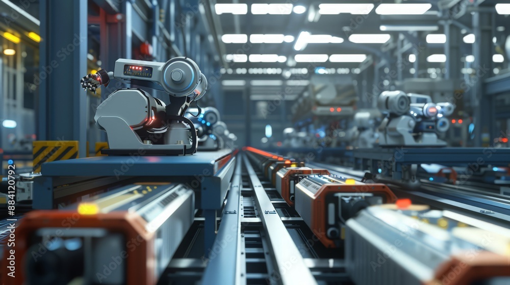 Capture the futuristic environment of a factory where robots are autonomously managing all stages of production
