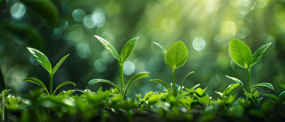 plantsgrowing from grass, sun illuminates background plantsgrowing from grass, sun illuminates background