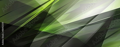 Abstract geometric shapes in shades of green and black create a dynamic and modern background