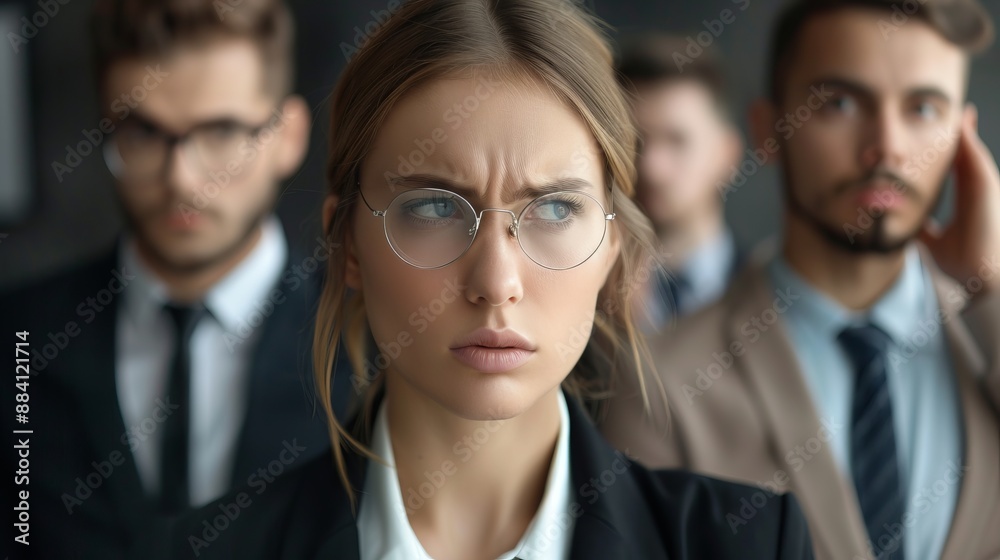 A young professional woman wearing glasses looks concerned and deep in thought, surrounded by colleagues in a conference room, representing corporate challenges and planning. A young professional woman wearing glasses looks concerned and deep in thought, surrounded by colleagues in a conference room, representing corporate challenges and planning.