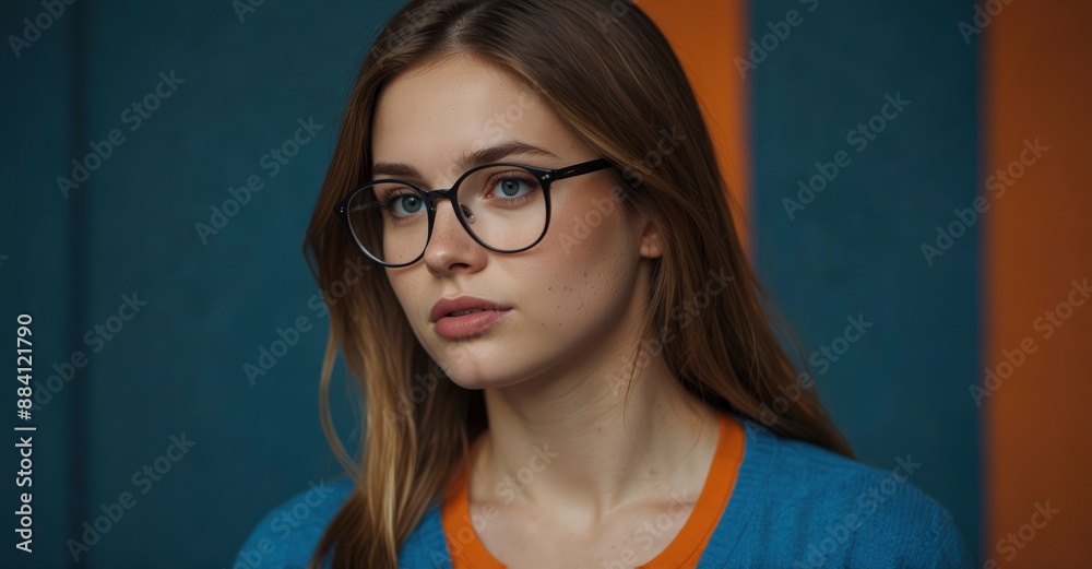 Young woman in glasses and orange top, blue background Young woman in glasses and orange top, blue background