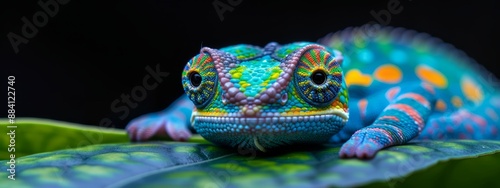  A crisp close-up of a vibrantly hued chameleon perched atop a lush green leaf against a backdrop of unyielding black