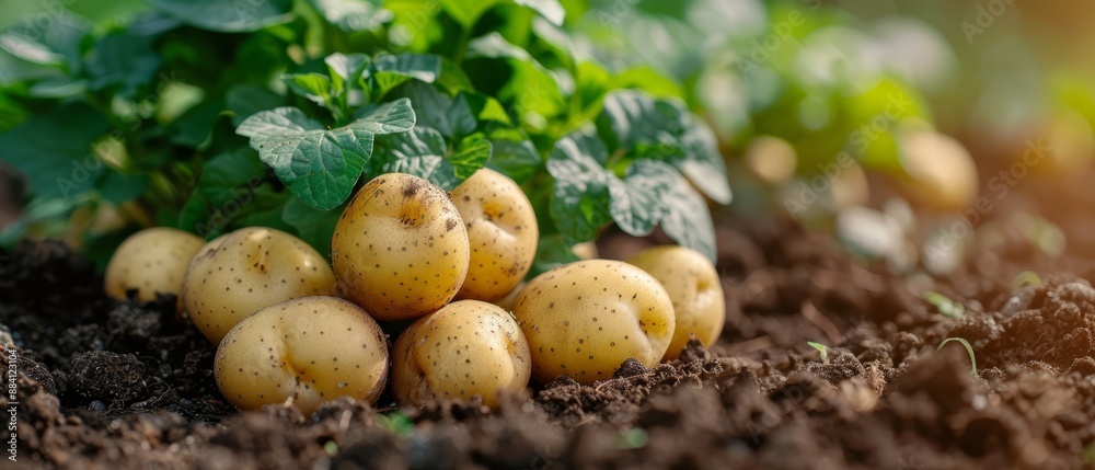 A pile of potatoes atop soil, adjacent to a leafy green plant A pile of potatoes atop soil, adjacent to a leafy green plant