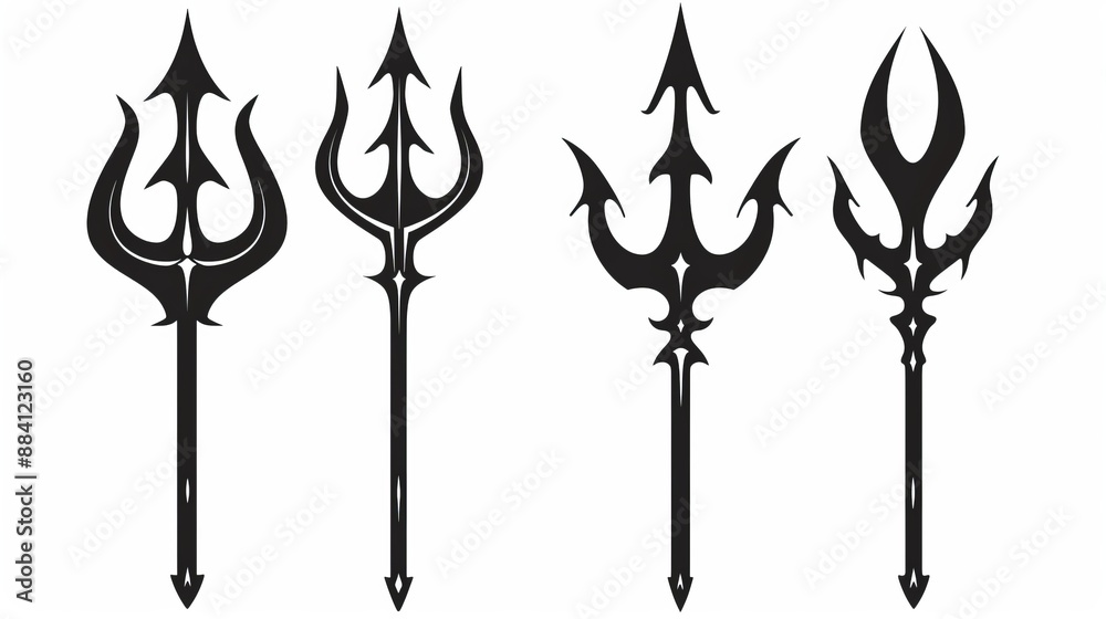 This image depicts a stylized collection of black trident shapes and forms, each characterized by distinct lines and artistic elements, showcasing diverse designs and creativity. This image depicts a stylized collection of black trident shapes and forms, each characterized by distinct lines and artistic elements, showcasing diverse designs and creativity.