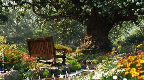 A tranquil garden with an ancient oak tree providing shade over a wooden bench, surrounded by wildflowers and a bubbling brook nearby. photo