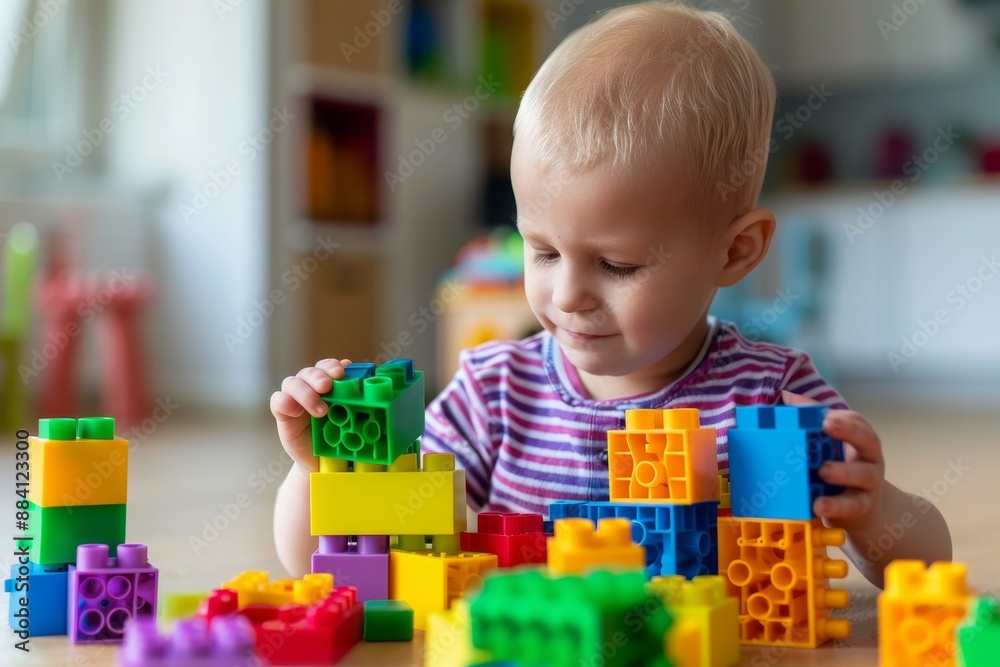 toddler boy playing with colorful plastic building blocks on floor. toddler boy playing with colorful plastic building blocks on floor.