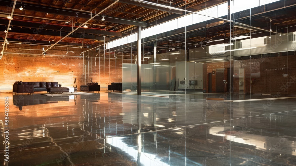 Capture the reflection and mirroring effects in warehouse interiors, utilizing polished surfaces and glass partitions. Capture the reflection and mirroring effects in warehouse interiors, utilizing polished surfaces and glass partitions.