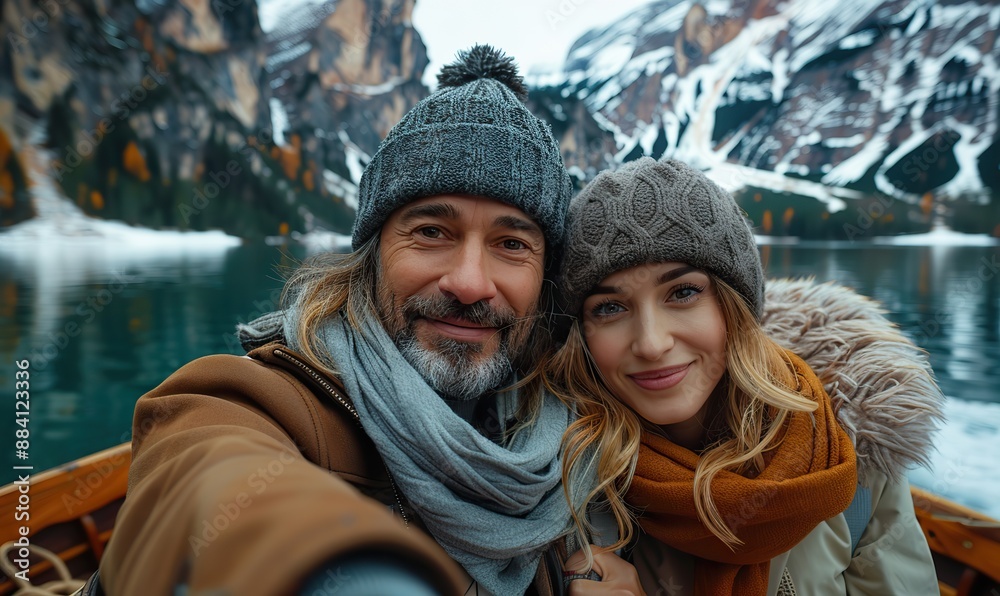 A romantic couple of adults in love takes a selfie on a boat while visiting Lake Braies in Italy during autumn. This captures the essence of wanderlust and travel. A romantic couple of adults in love takes a selfie on a boat while visiting Lake Braies in Italy during autumn. This captures the essence of wanderlust and travel.