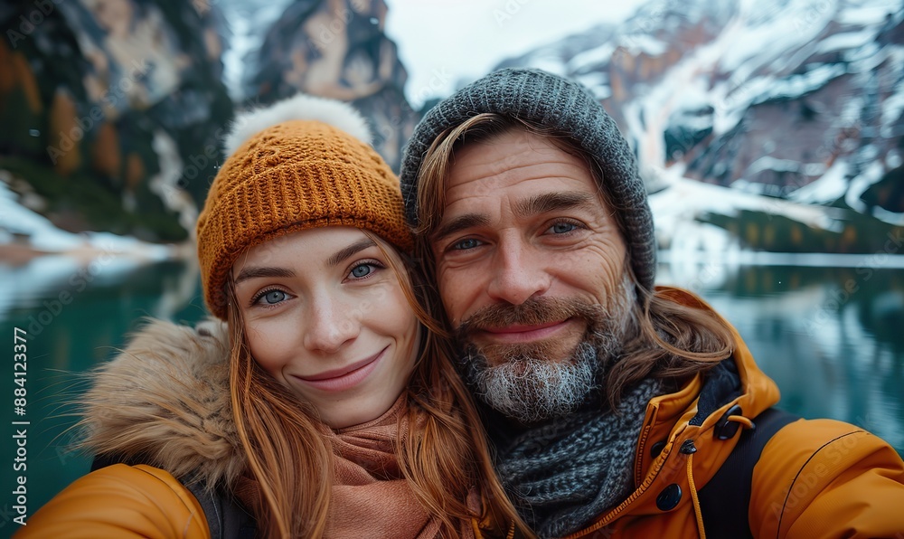 romantic couple of adults in love taking selfie on a boat visiting an alpine lake at braies italy romantic couple of adults in love taking selfie on a boat visiting an alpine lake at braies italy