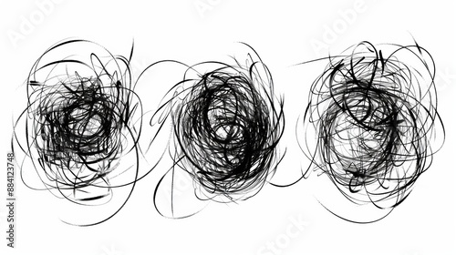 A minimalist abstract image with three intricate black scribbles, conveying complexity, chaos, and artistic expression in a contemporary style from the 2020s.