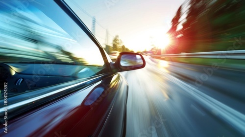 View of a fast-moving vehicle through the right side mirror.