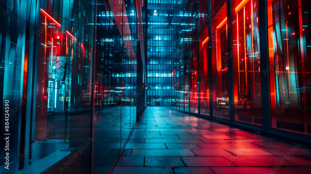Bright neon lighting in a narrow corridor between glass buildings. Blue and red neon light outdoors. Style and interior concept. Bright neon lighting in a narrow corridor between glass buildings. Blue and red neon light outdoors. Style and interior concept.