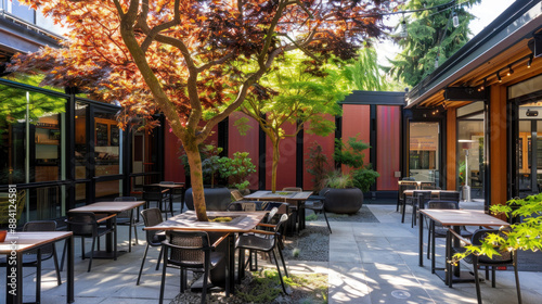 Modern Patio with Trees and Patio Furniture.