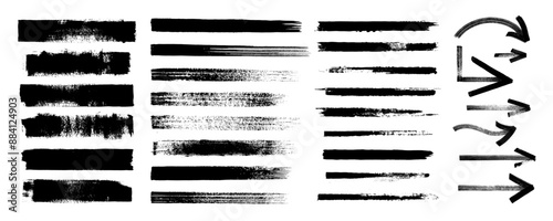 Straight thick vector lines and arrows. Black hand drawn brushstroke text boxes. Chinese, Korean, Japanese calligraphy brushstroke set. Rough grunge thick gouache paint texture. Sketchy ink rectangles