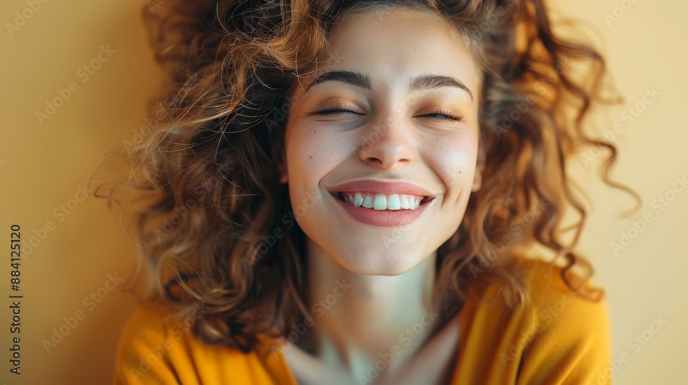 Portrait of a Joyful Young Woman with Curly Hair and a Bright Smile Portrait of a Joyful Young Woman with Curly Hair and a Bright Smile