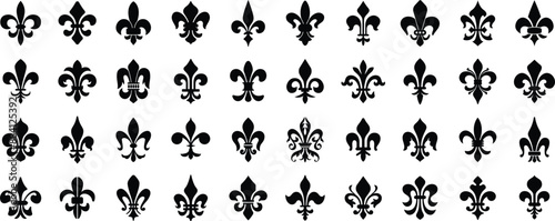 Set of Fleur de Lys symbols or Fleur de Lis vector icon ornament Silhouette. Flower Lily Royal Medieval Heraldic french symbol. Classic emblems illustration. Stock clip art