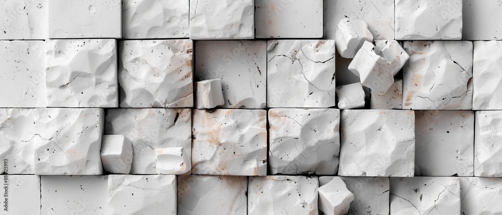 A collection of white cubes, stacked vertically, bearing rusted paint finishes A collection of white cubes, stacked vertically, bearing rusted paint finishes