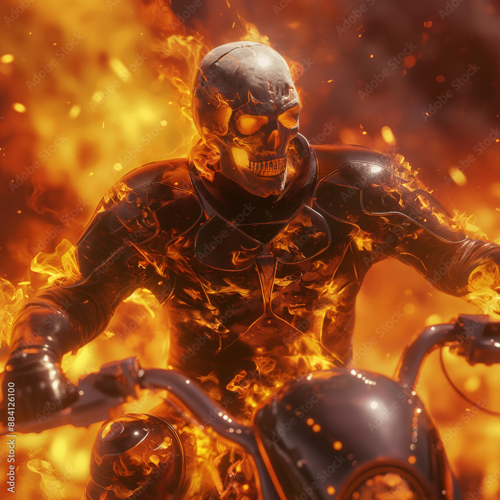 Hyper realistic depiction of a ghost rider in a skull helmet and fiery ...