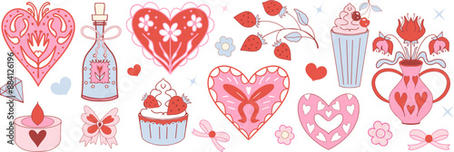 Pink girly coquette y2k aesthetic set, elegant vintage accessory. Lovely cute collection, red cherrie, pink ribbon, bow, balloon dog isolated on white background. Vector illustration