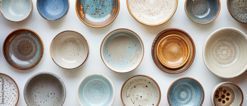 A horizontally arranged collection of ceramic bowls, each bearing speckled patterns, rests on a pristine white surface A horizontally arranged collection of ceramic bowls, each bearing speckled patterns, rests on a pristine white surface