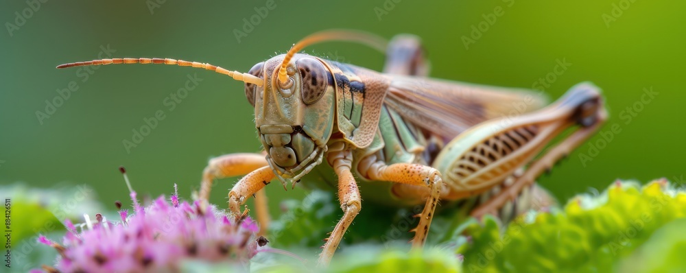 Fototapeta premium Close-up of a Climate-Adapted Grasshopper Gathering Nectar from Pink Flowers in a Lush Meadow, Exhibiting the Resilience of Insects in a Changing World