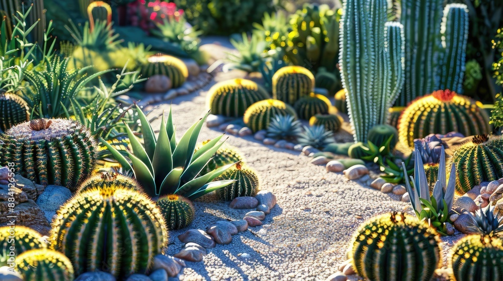 A vibrant desert garden with various cacti, succulents, and a gravel pathway winding through the arid landscape. A vibrant desert garden with various cacti, succulents, and a gravel pathway winding through the arid landscape.