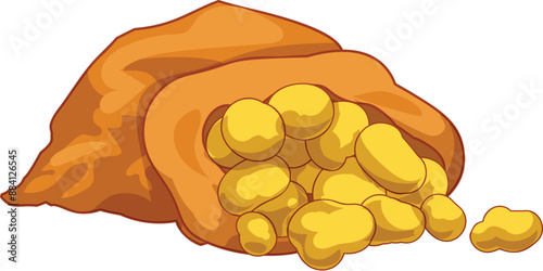 Overflowing open sack spilling golden nuggets on a white background