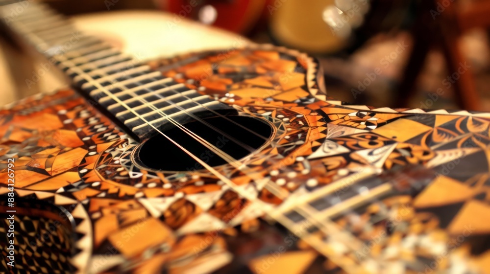 Geometric patterns in musical instruments. Describe a musical instrument decorated with geometric patterns Geometric patterns in musical instruments. Describe a musical instrument decorated with geometric patterns