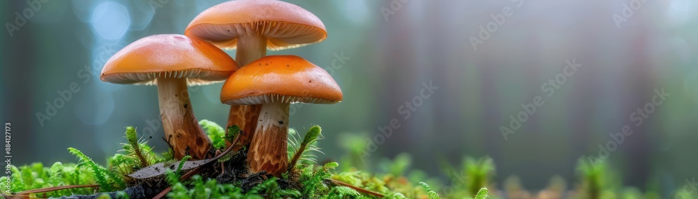 Fototapeta premium Nature's Delicate Dance Mushrooms Emerge in a Misty Forest, a Symphony of Sweet Outdoors and Harmonious Organisms