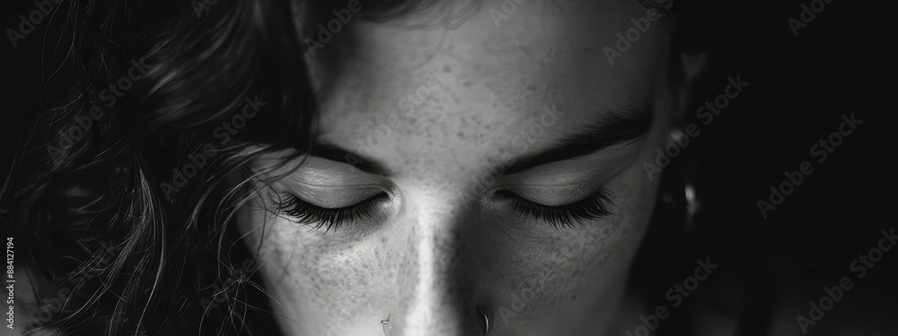 A monochrome image of a woman with closed eyes and windswept hair A monochrome image of a woman with closed eyes and windswept hair