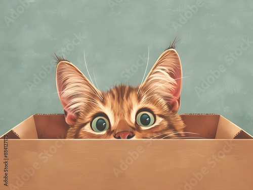 A curious kitten peeks out from a cardboard box, its big eyes wide with wonder. photo