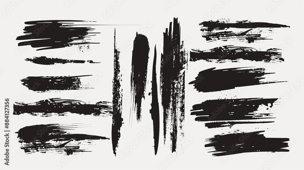 A series of black ink strokes on a white canvas, presenting different styles and patterns of brushwork, conveying a sense of motion and artistic flair, suitable for various uses. A series of black ink strokes on a white canvas, presenting different styles and patterns of brushwork, conveying a sense of motion and artistic flair, suitable for various uses.