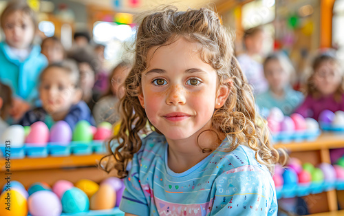 Young girl smiling with colorful Easter eggs around, surrounded by other children in a festive, cheerful classroom setting.
